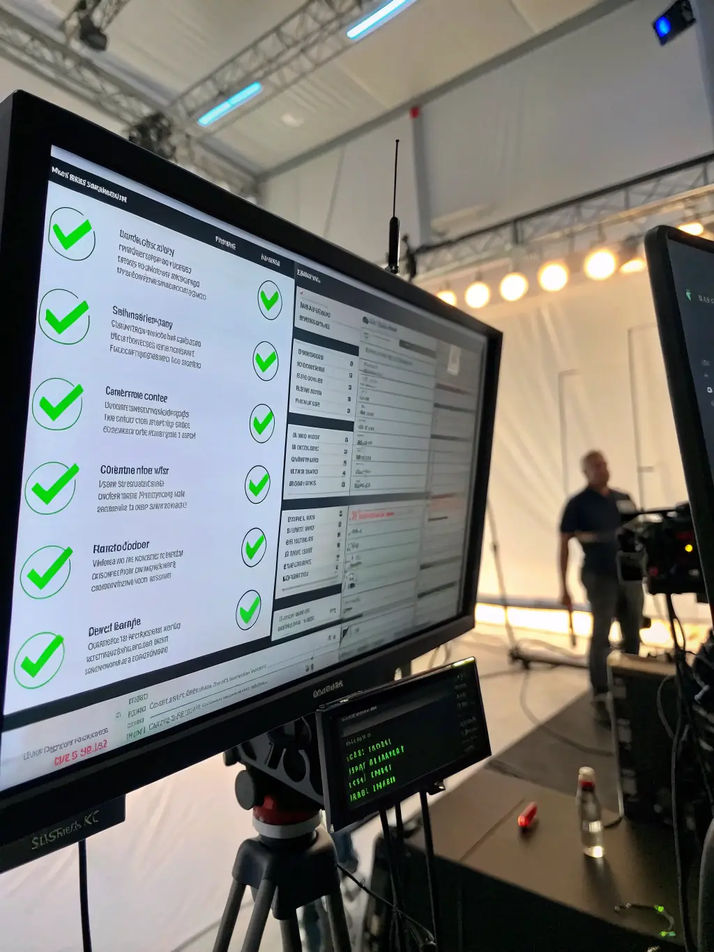 A digital checklist with a shield icon, representing compliance and security, is displayed on a computer screen.