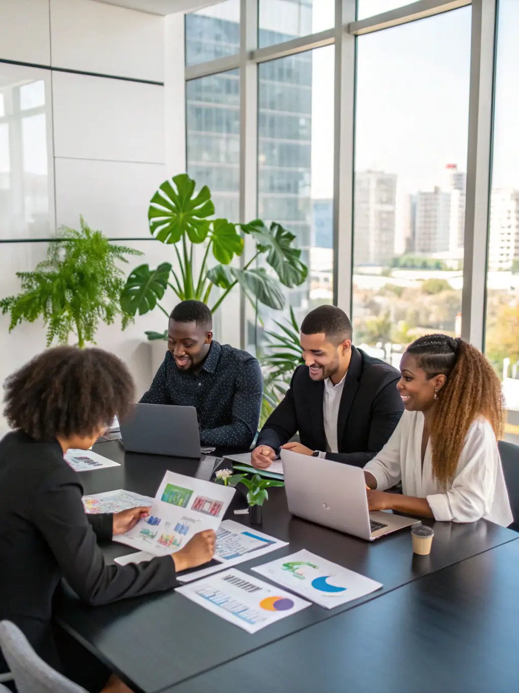 A diverse team of marketing professionals is collaborating in a modern office, analyzing data and strategizing lead generation campaigns.